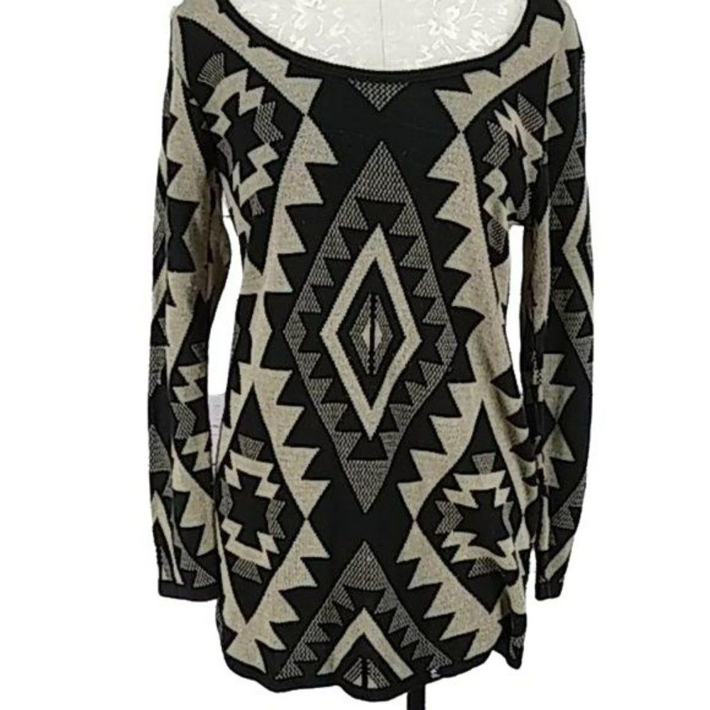 Say What Women's Vintage 90s Black & Tan Aztec Tribal Sweater Tunic Medium